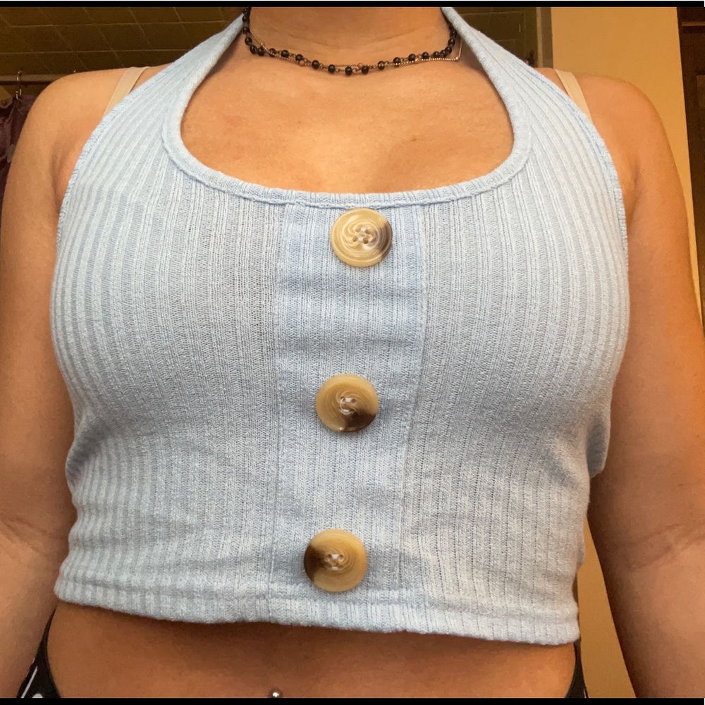 blue halter top with buttons